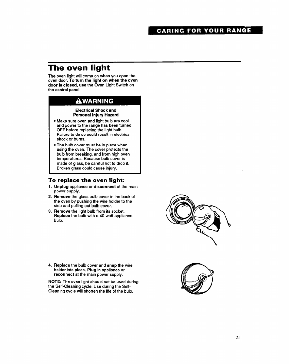 The oven light, To replace the oven light, Warning | Whirlpool FGS395Y User Manual | Page 31 / 36