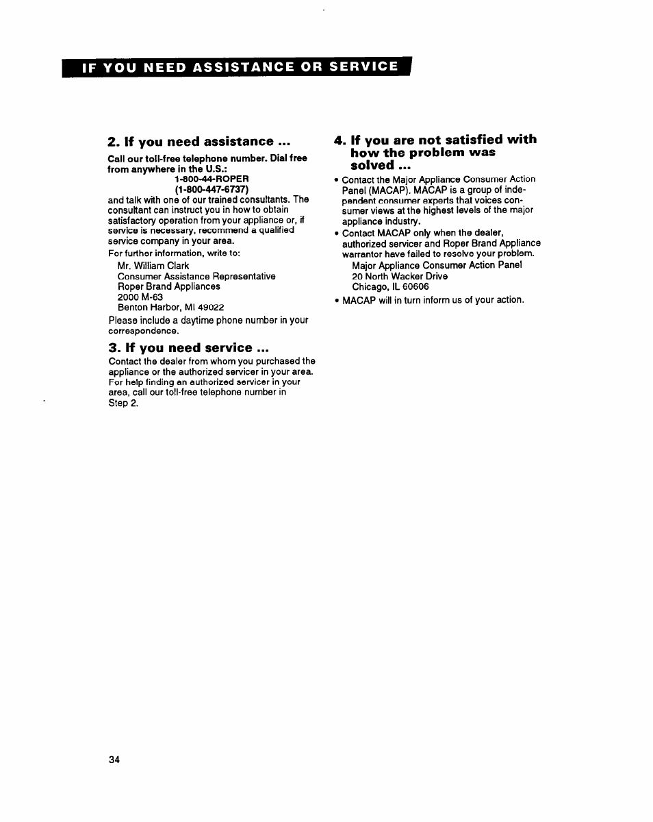 If you need assistance, If you need service | Whirlpool FGS395Y User Manual | Page 34 / 36