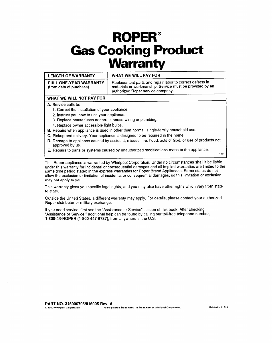 Ropera, Gas cooking product warranty, Ropera gas cooking product warranty | Whirlpool FGS395Y User Manual | Page 36 / 36
