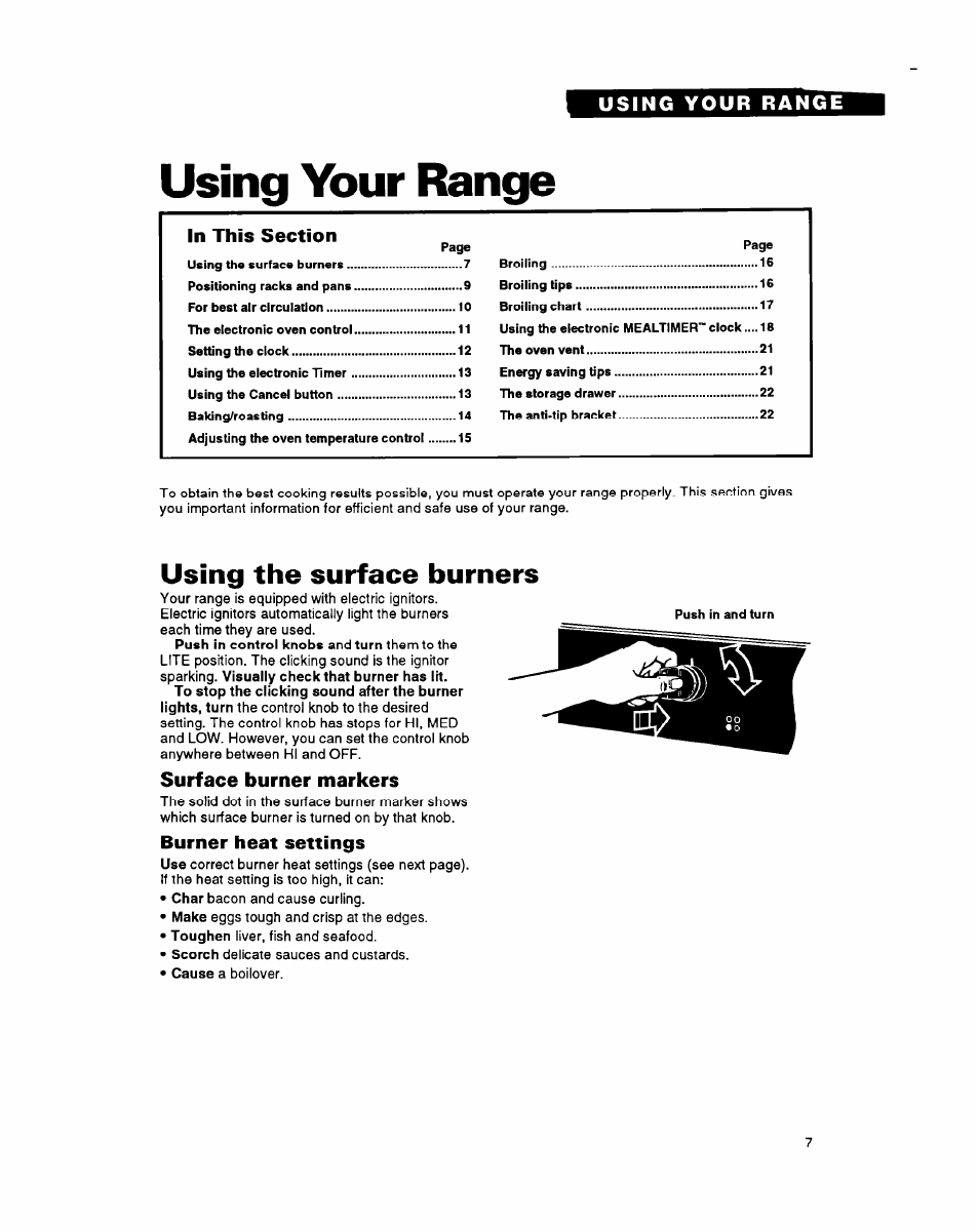 Using your range, Using the surface burners, Surface burner markers | Burner heat settings | Whirlpool FGS395Y User Manual | Page 7 / 36