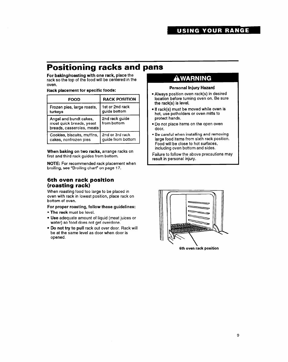 Positioning racks and pans, 6th oven rack position (roasting rack), Warning | Whirlpool FGS395Y User Manual | Page 9 / 36