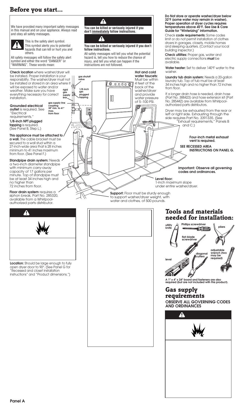 Before you start, Tools and materials needed for installation, Gas supply requirements | Warning, Warning danger | Whirlpool 3395326 User Manual | Page 2 / 9