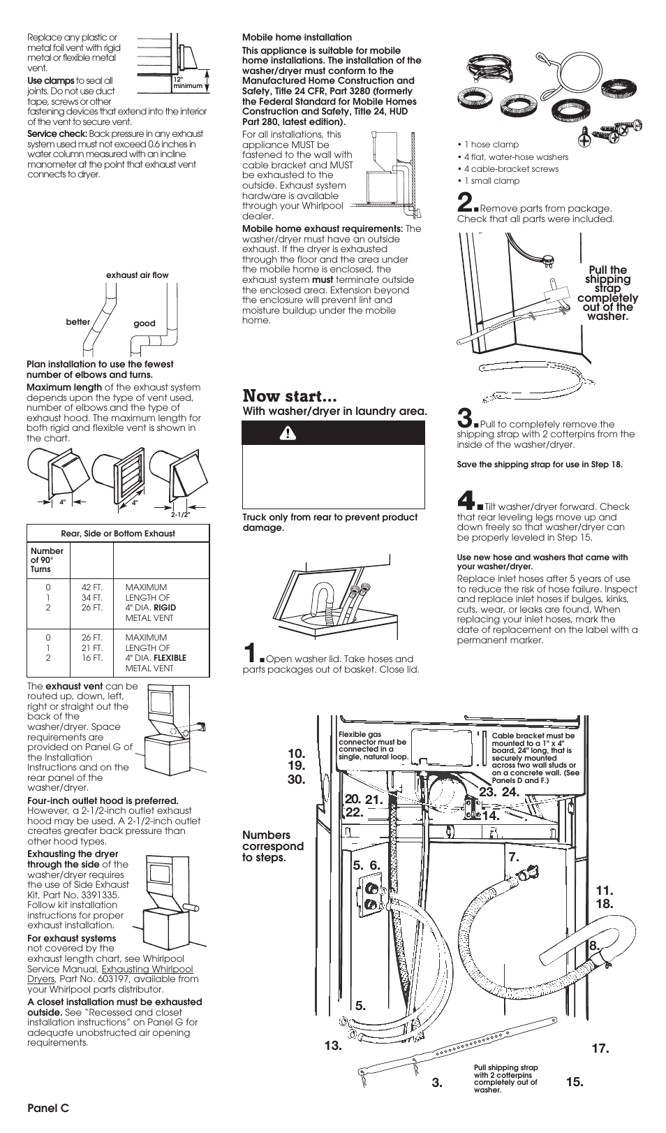 Installation steps, Warning, Now start | Whirlpool 3395326 User Manual | Page 4 / 9