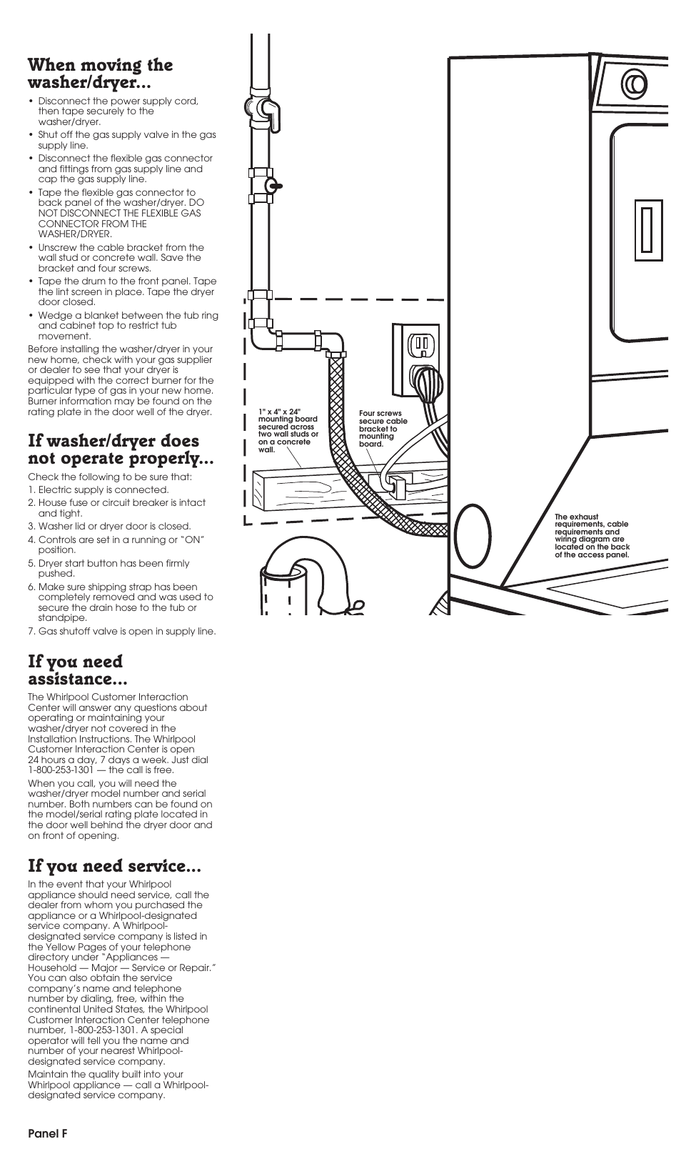 When moving the washer/dryer, If washer/dryer does not operate properly, If you need assistance | If you need service | Whirlpool 3395326 User Manual | Page 7 / 9