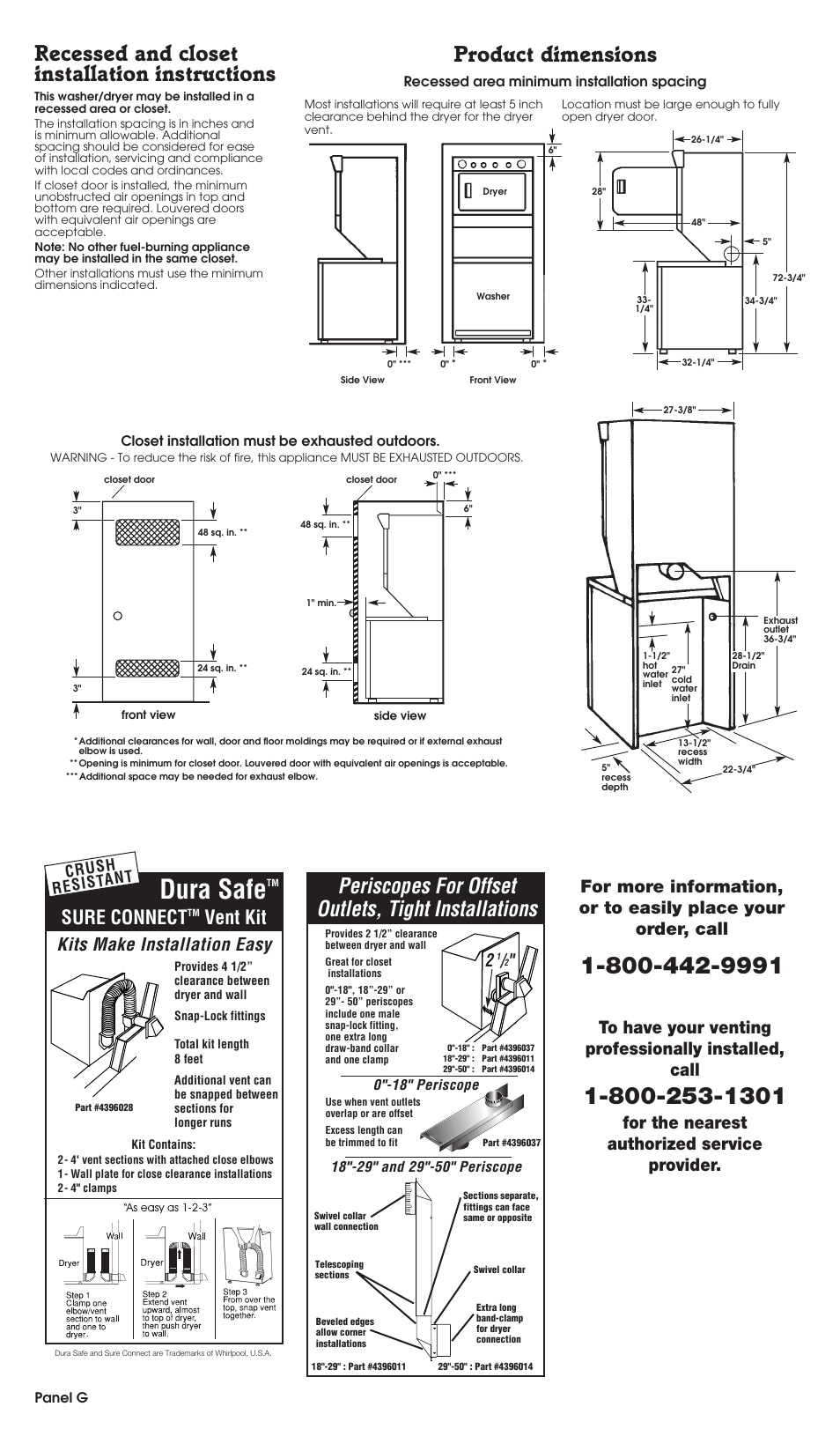 Recessed and closet installation instructions, Product dimensions, Dura safe | Periscopes for offset outlets, tight installations, Sure connect, Vent kit, Kits make installation easy, For the nearest authorized service provider, Crush resist ant | Whirlpool 3395326 User Manual | Page 8 / 9