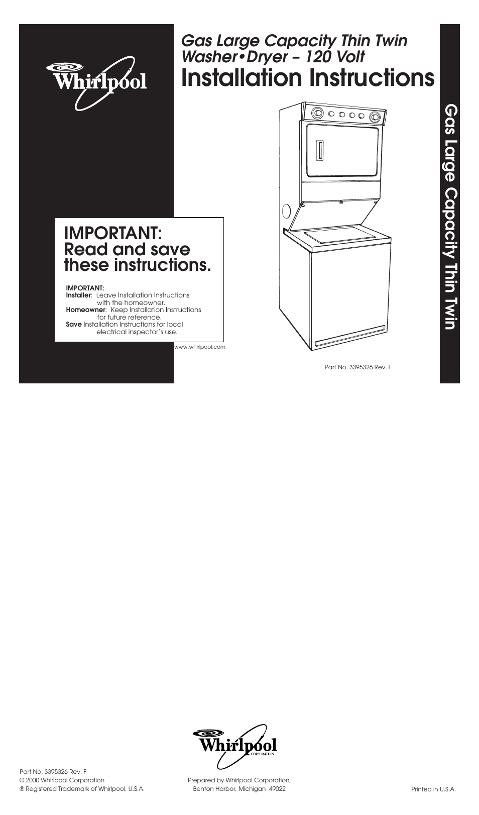 Installation instructions, Important: read and save these instructions, Gas lar ge capacity thin t win | Whirlpool 3395326 User Manual | Page 9 / 9