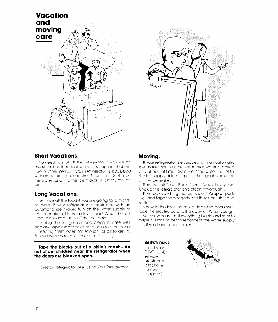 Short vacations, Long vacations, Moving | Vacation and moving care | Whirlpool ED19TK User Manual | Page 10 / 12