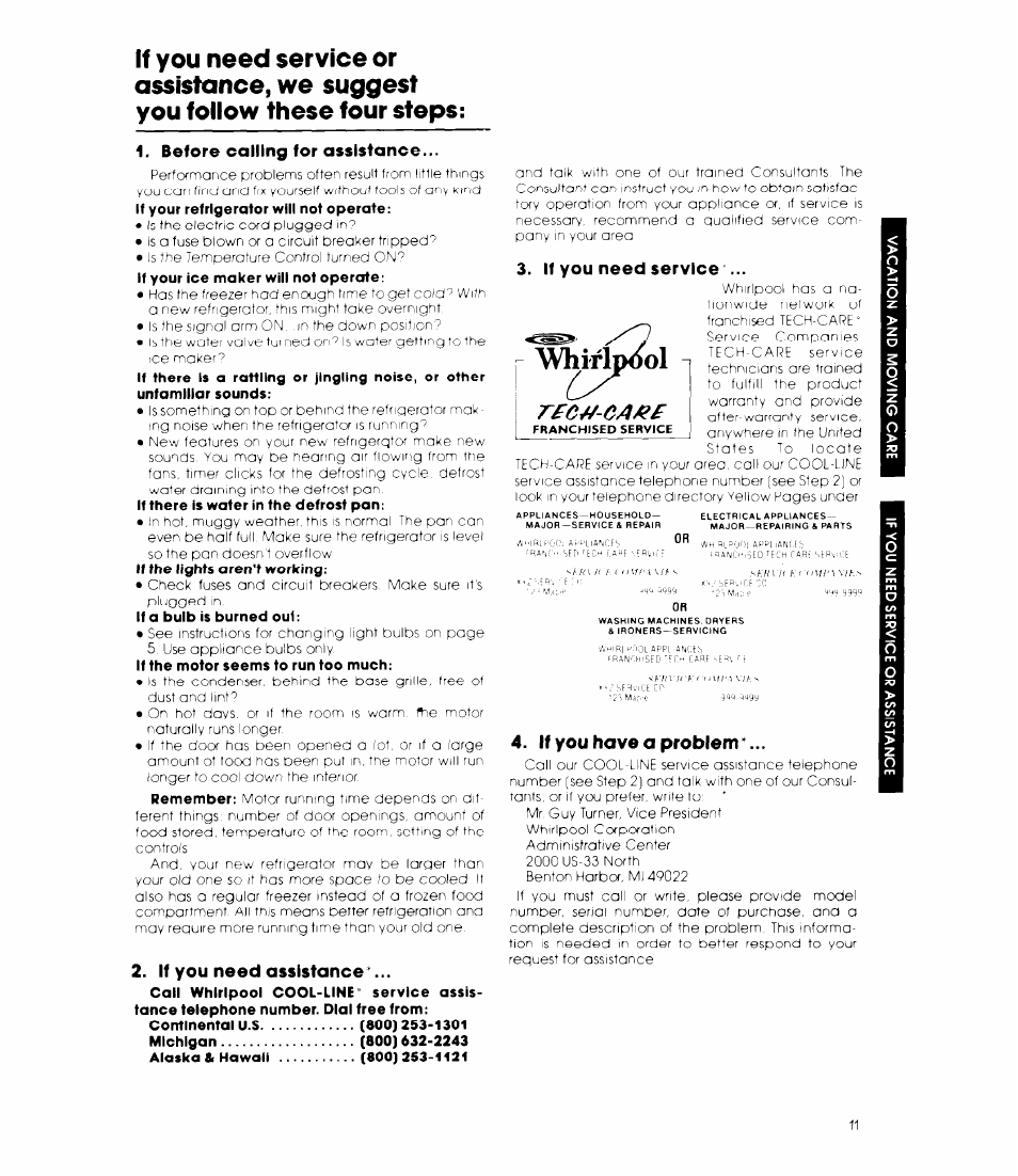 Before calling for assistance, If you need assistance, If you need service | If you have a problem, Whirlpool | Whirlpool ED19TK User Manual | Page 11 / 12