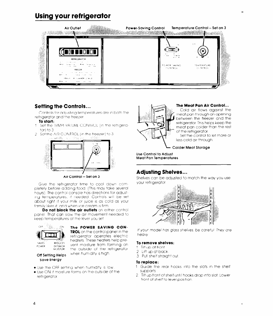 Setting the controls, Using your refrigerator, Adjusting shelves | Whirlpool ED19TK User Manual | Page 4 / 12