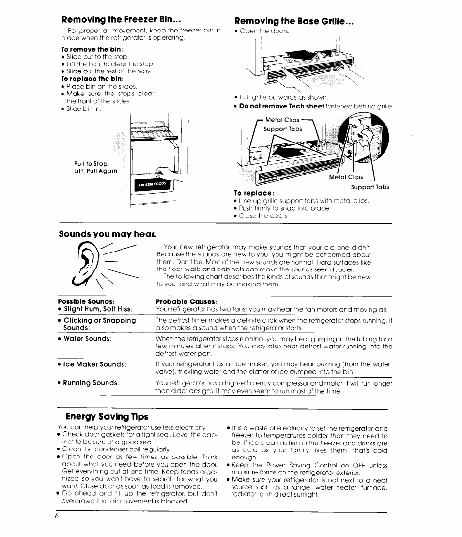 Removing the freezer bin, Removing the base grille, Sounds you may hear | Energy saving tips | Whirlpool ED19TK User Manual | Page 6 / 12