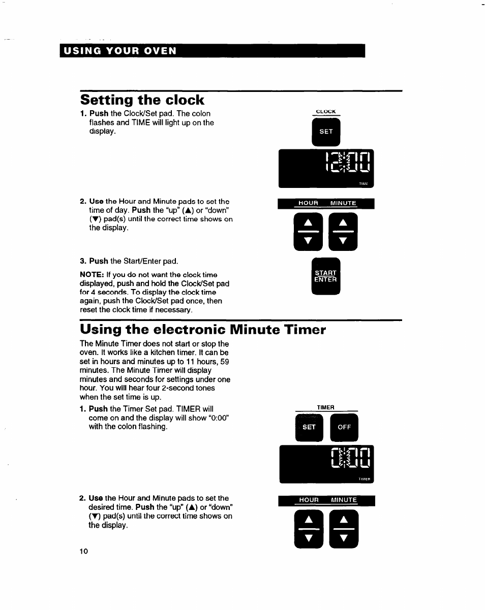 Setting the clock, Using the electronic minute timer | Whirlpool RB770PXB User Manual | Page 10 / 40