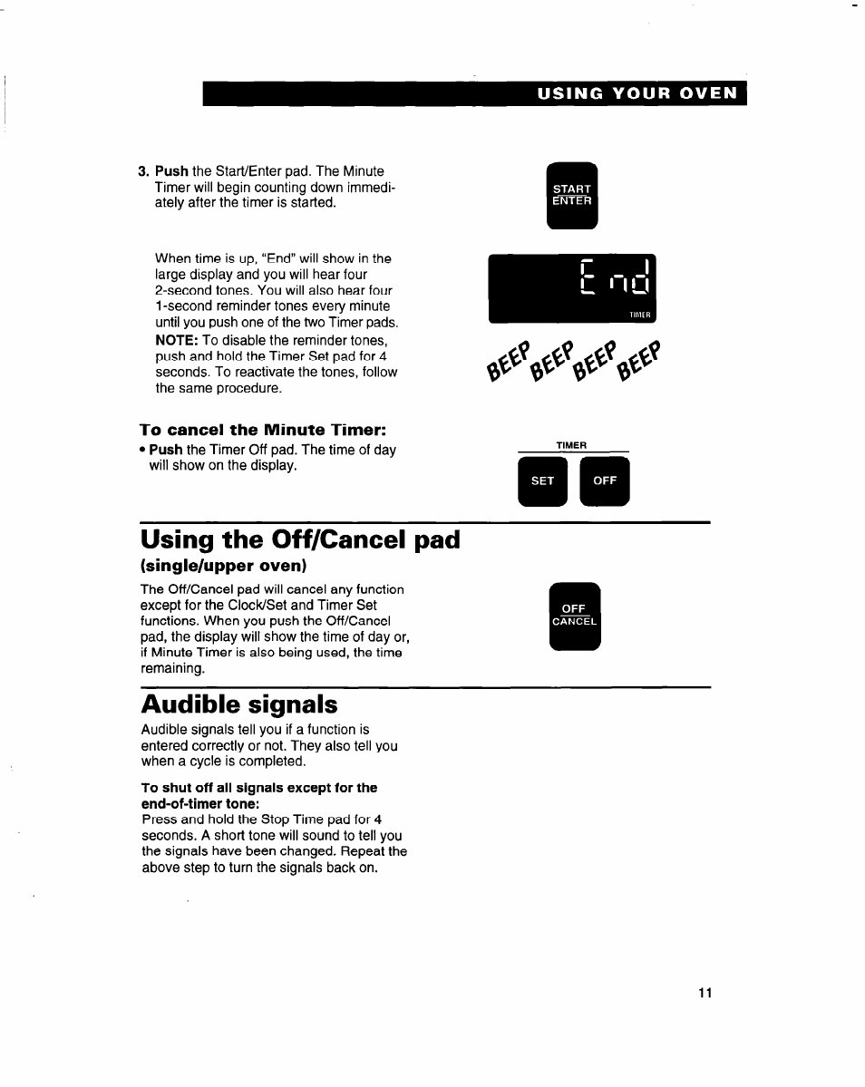 To cancel the minute timer, Using the off/cancel pad, Single/upper oven) | Audible signals | Whirlpool RB770PXB User Manual | Page 11 / 40