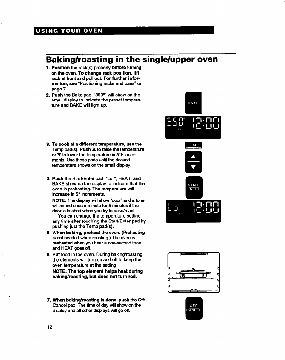 Baking/roasting in the single/upper oven, I l u u | Whirlpool RB770PXB User Manual | Page 12 / 40