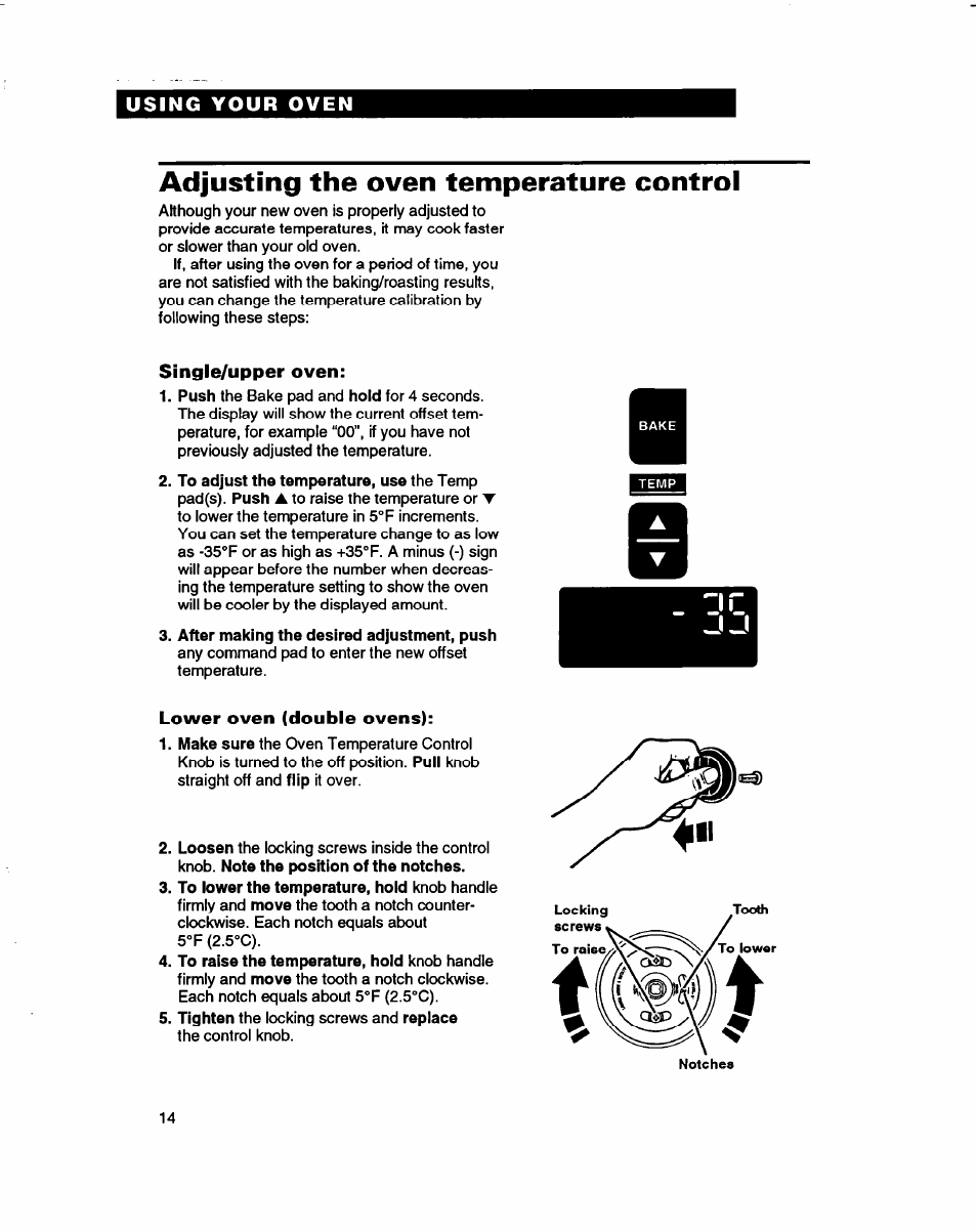 Adjusting the oven temperature control, Single/upper oven, Lower oven (double ovens) | Whirlpool RB770PXB User Manual | Page 14 / 40