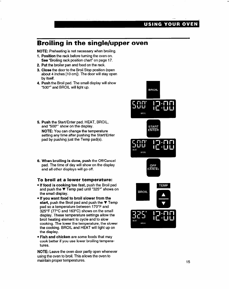 Broiling in the single/upper oven, To broil at a lower temperature, Ririn | I l u u | Whirlpool RB770PXB User Manual | Page 15 / 40