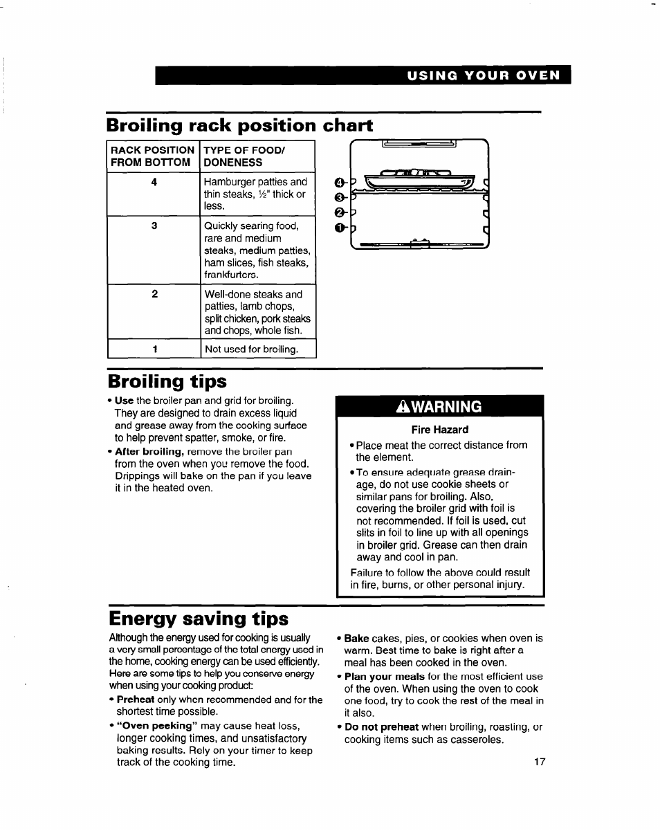 Broiling rack position chart, Broiling tips, Energy saving tips | Whirlpool RB770PXB User Manual | Page 17 / 40