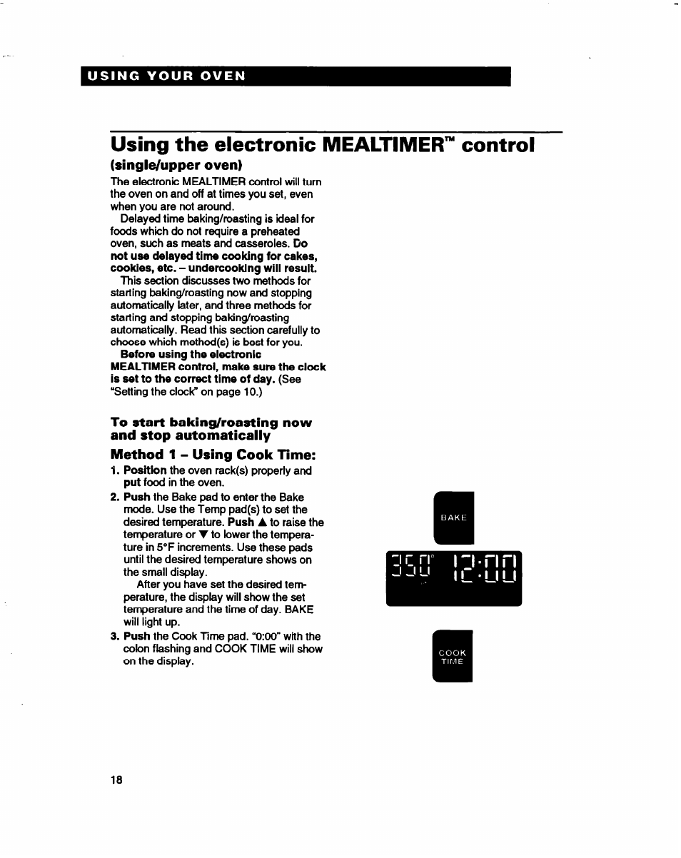 Using the electronic mealtimer, Single/upper oven), Method 1 - using cook time | Using the electronic mealtimer™ control, Control, J j u, 1 l • u u | Whirlpool RB770PXB User Manual | Page 18 / 40