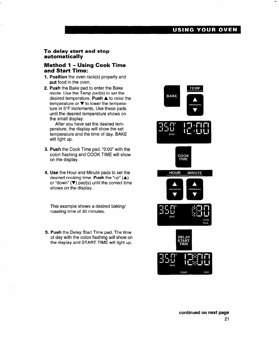 To delay start and stop, Automatically, Method 1 - using cook time and start time | L u u | Whirlpool RB770PXB User Manual | Page 21 / 40