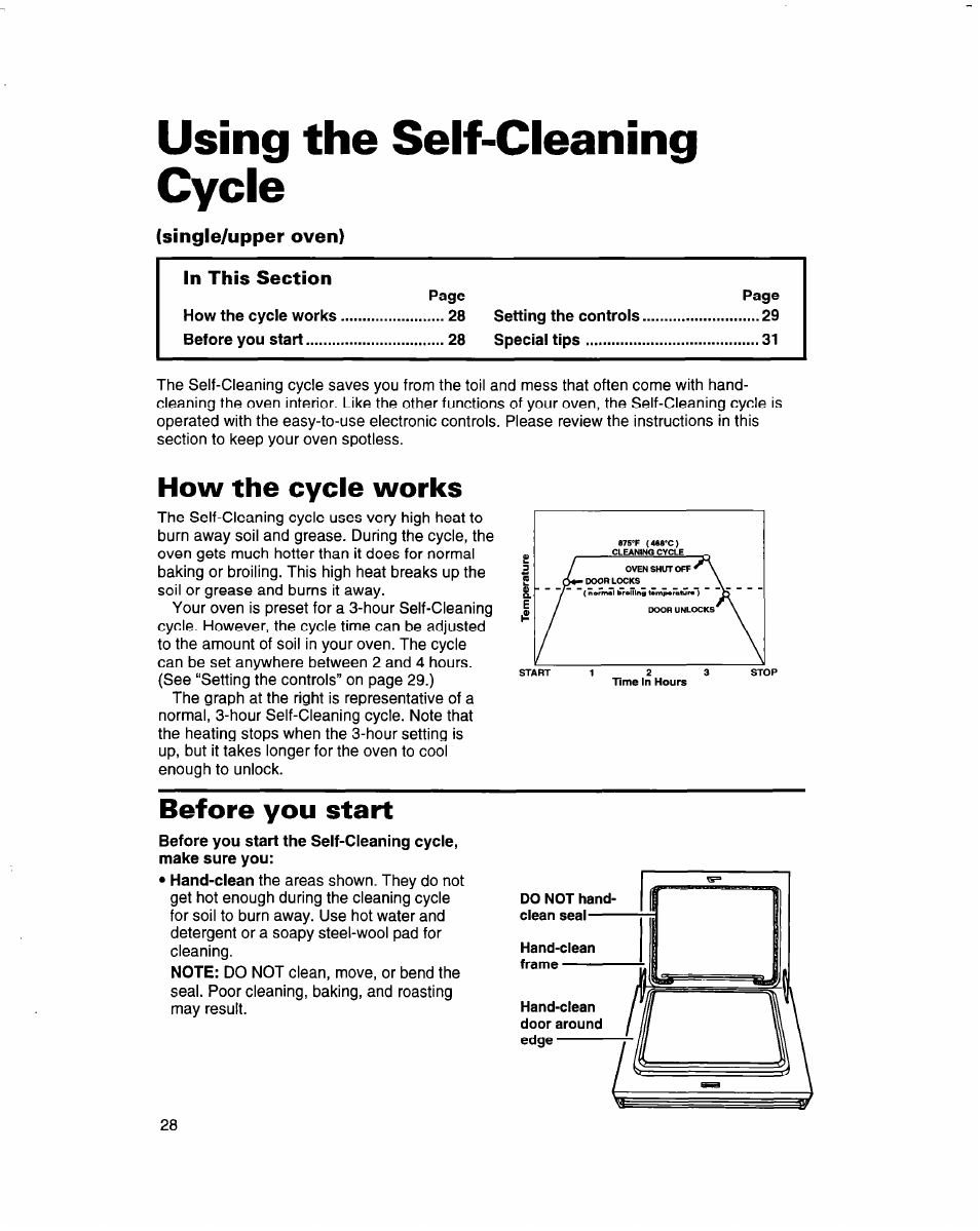 Using the self-cleaning cycle, How the cycle works, Before you start | Whirlpool RB770PXB User Manual | Page 28 / 40