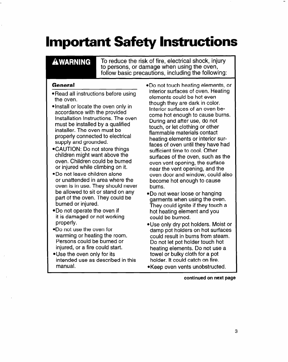 Important safety instructions, General, Warning | Whirlpool RB770PXB User Manual | Page 3 / 40