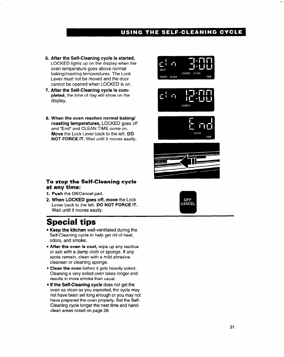 To stop the self-cleaning cycle at any time, Special tips, R, lo-riri | Rj c mu | Whirlpool RB770PXB User Manual | Page 31 / 40