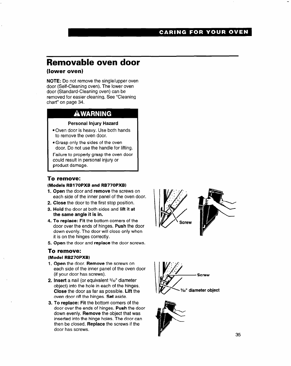 Removable oven door, Lower oven), To remove | Whirlpool RB770PXB User Manual | Page 35 / 40