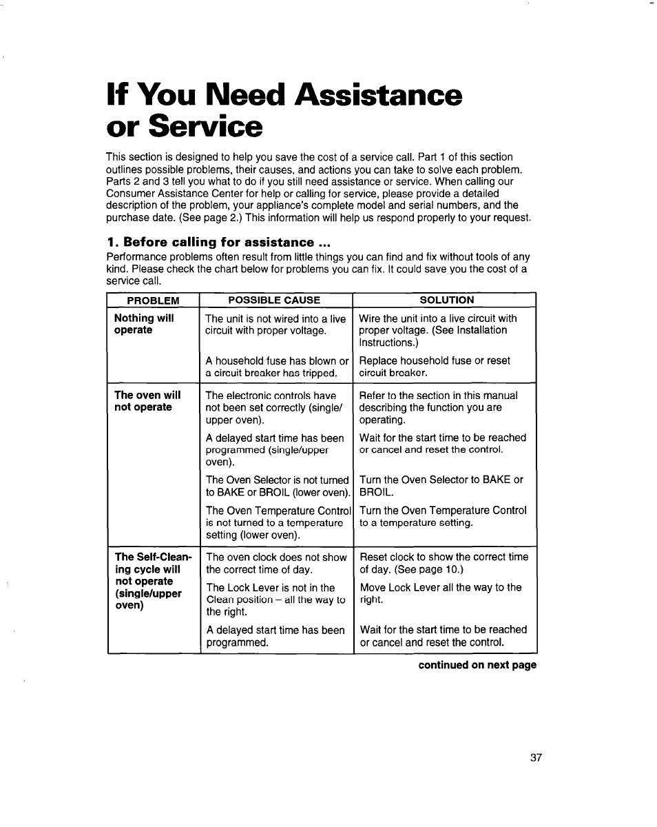 If you need assistance or service, Before calling for assistance | Whirlpool RB770PXB User Manual | Page 37 / 40