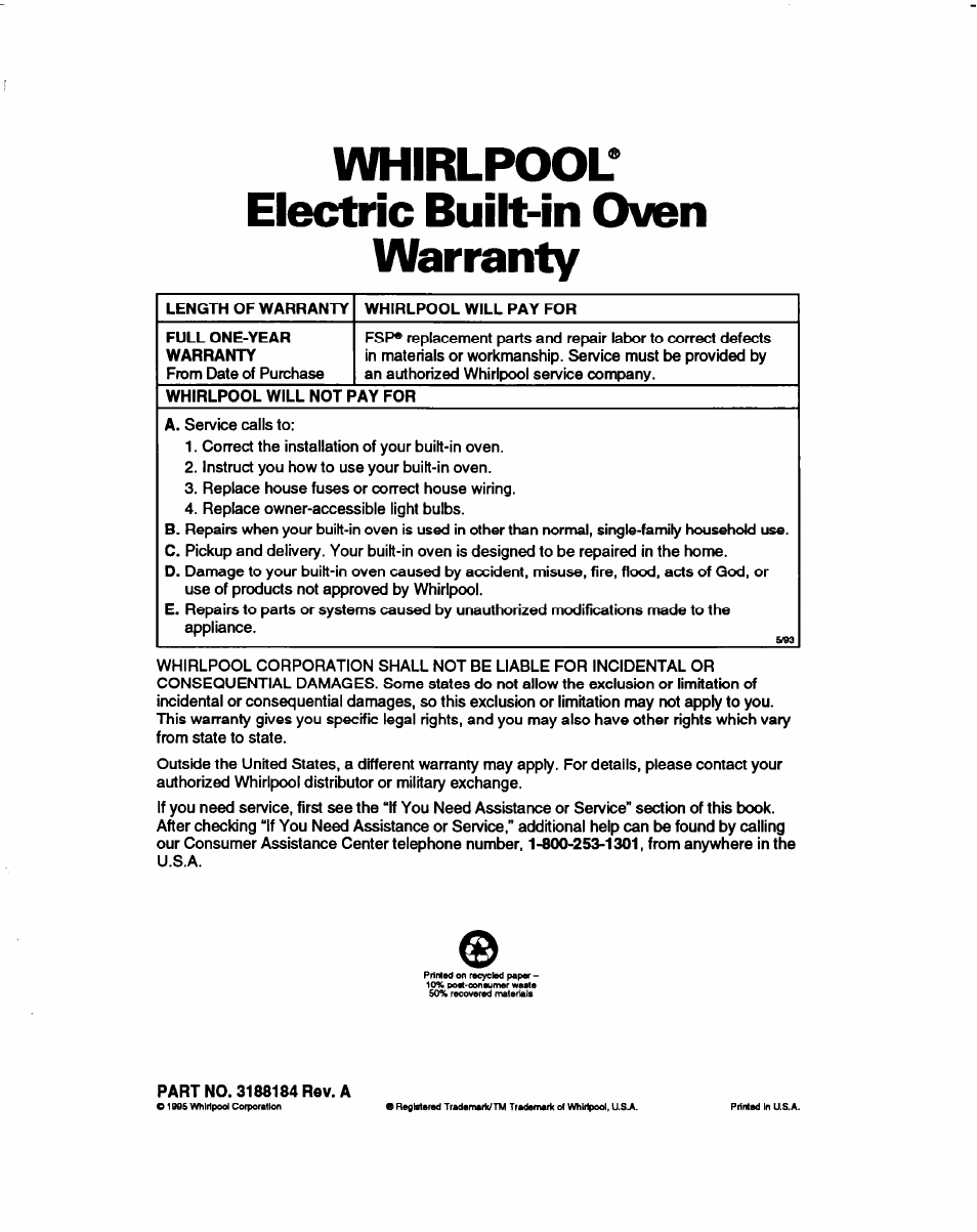 Whirlpool* electric built-in oven warranty | Whirlpool RB770PXB User Manual | Page 40 / 40