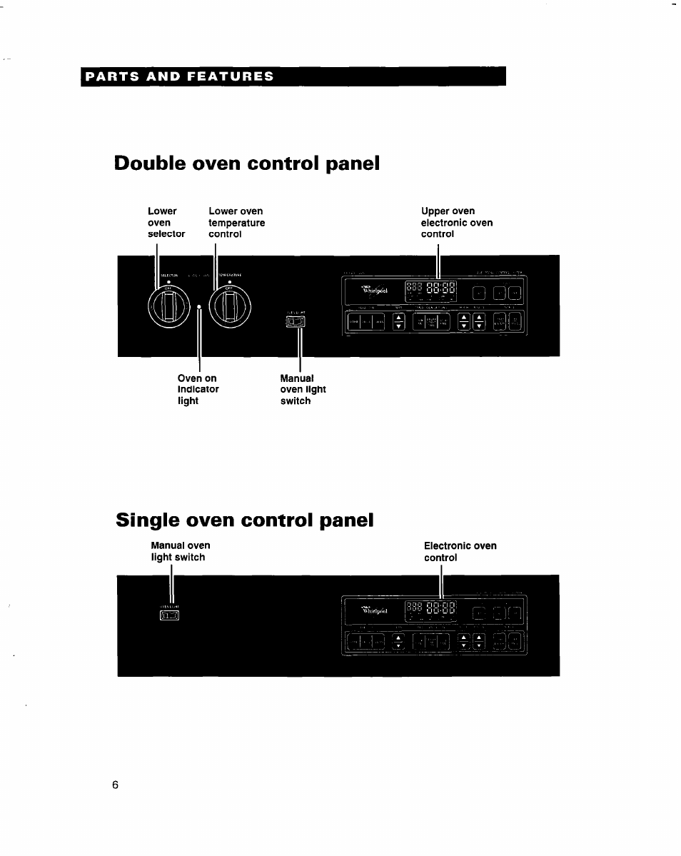 Parts and features, Double oven control panel, Single oven control panel | Whirlpool RB770PXB User Manual | Page 6 / 40