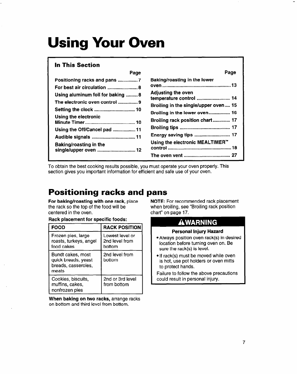 Using your oven, Positioning racks and pans | Whirlpool RB770PXB User Manual | Page 7 / 40