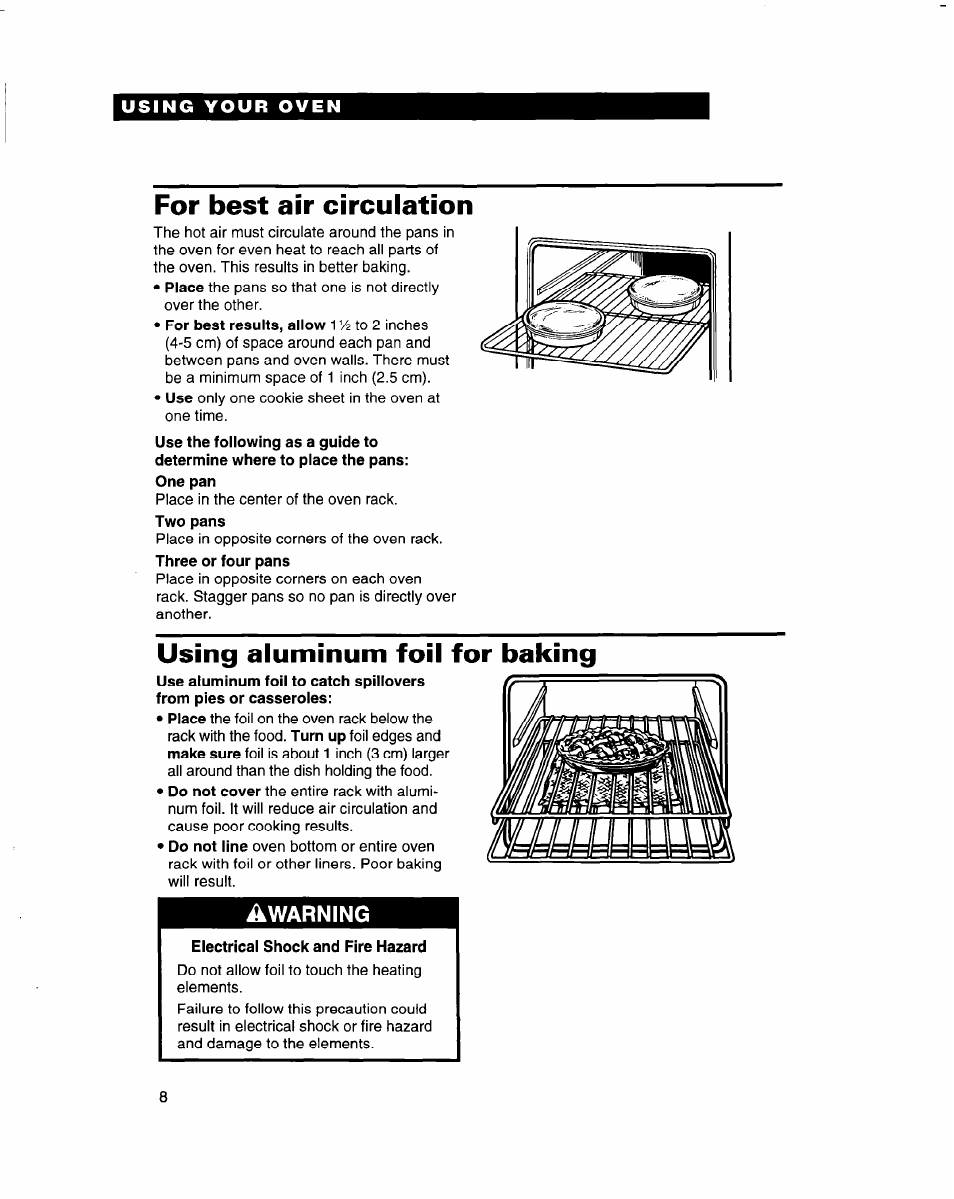 For best air circulation, Using aluminum foil for baking | Whirlpool RB770PXB User Manual | Page 8 / 40