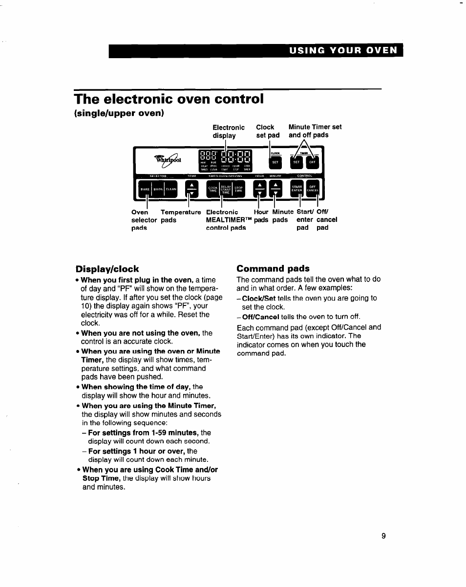 The electronic oven control, Single/upper oven), Display/clock | Command pads | Whirlpool RB770PXB User Manual | Page 9 / 40