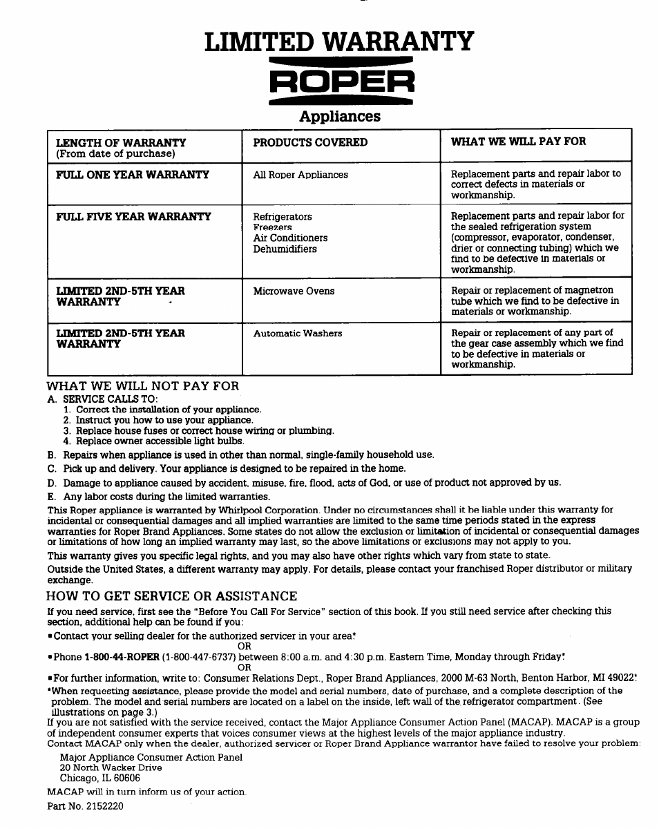 What we will not pay for, How to get service or assistance, Roper | Limited warranty, Appliances | Whirlpool RT12DC User Manual | Page 12 / 12
