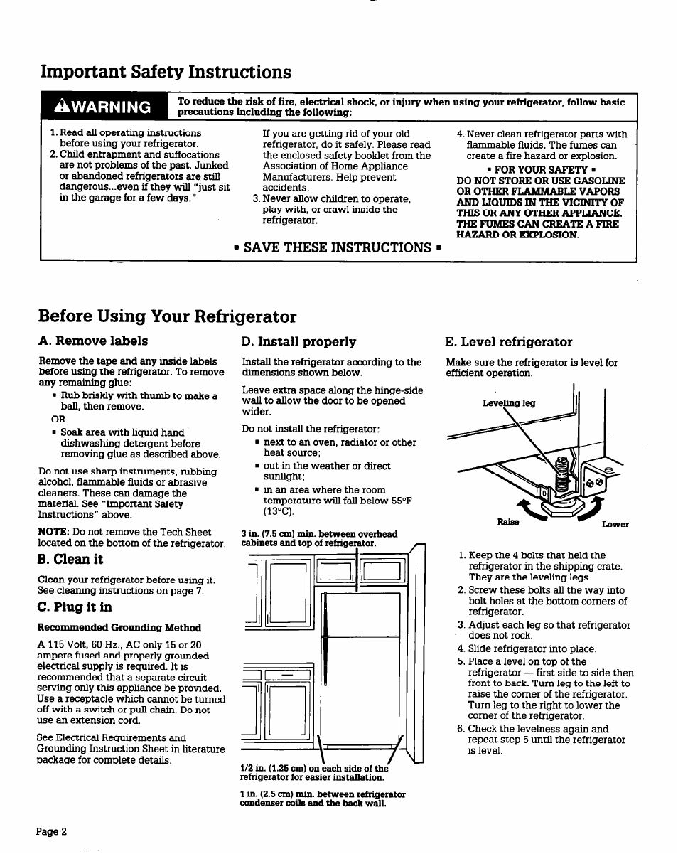 Important safety instructions, Save these instructions, For your safety | A. remove labels, B. clean it, C. plug it in, Recommended grounding method, E. level refrigerator, Before using your refrigerator, Warning | Whirlpool RT12DC User Manual | Page 2 / 12