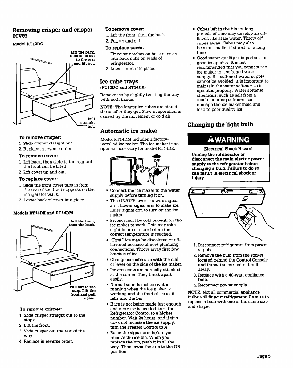 Removing crisper and crisper cover, Ice cube trays, Automatic ice maker | Changing the light bulb, Warning | Whirlpool RT12DC User Manual | Page 5 / 12