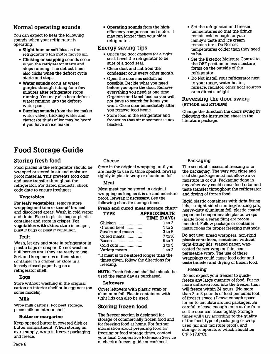 Normal operating sounds, Energy saving tips, Reversing the door swing | Food storage guide, Storing fresh food, Storing frozen food | Whirlpool RT12DC User Manual | Page 6 / 12