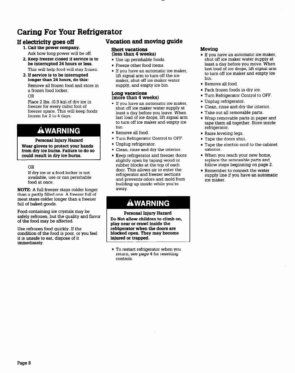 If electricity goes off, Call the power company, Vacation and moving guide | Caring for your refrigerator, A warning | Whirlpool RT12DC User Manual | Page 8 / 12