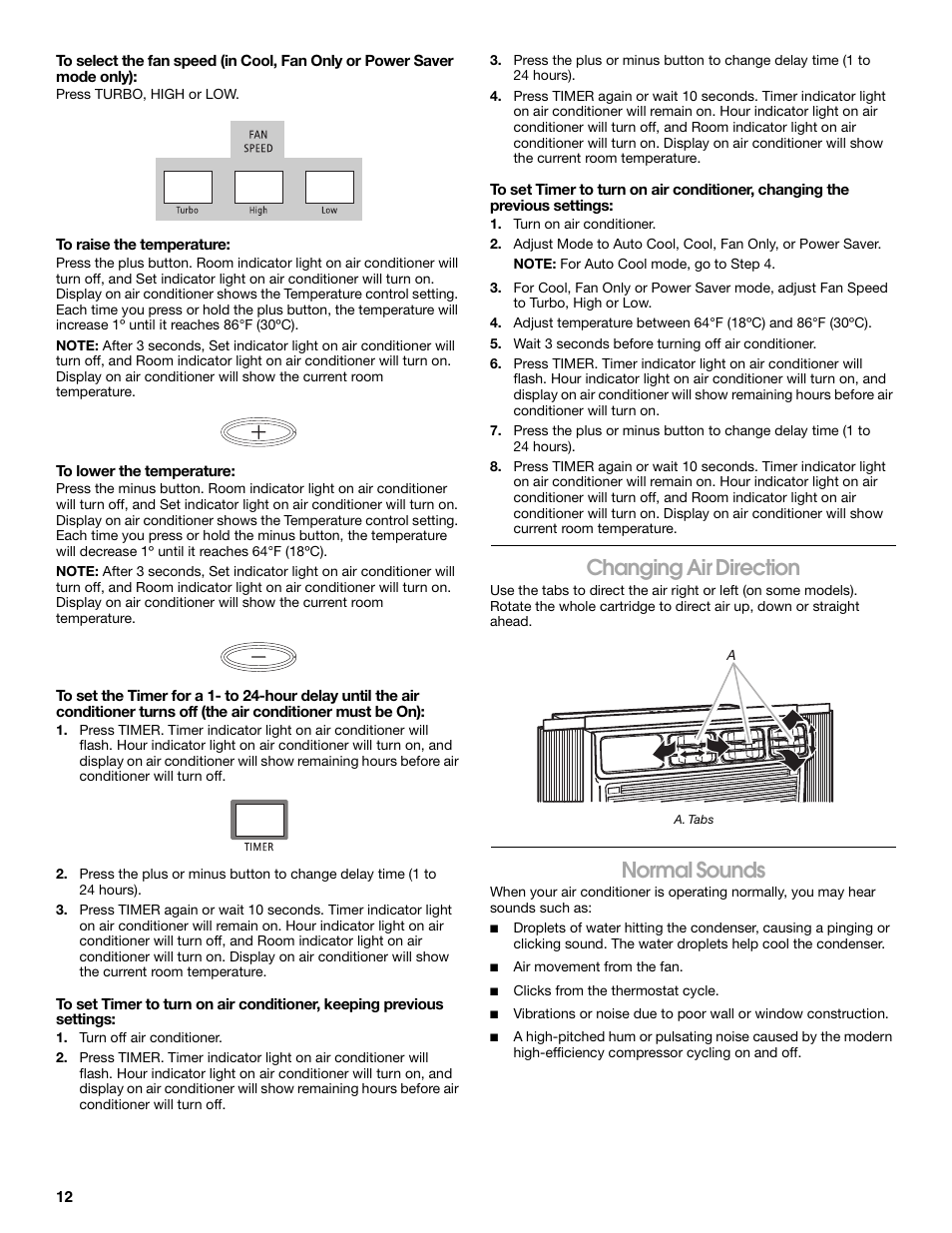 Changing air direction, Normal sounds | Whirlpool ACC082XR0 User Manual | Page 12 / 32