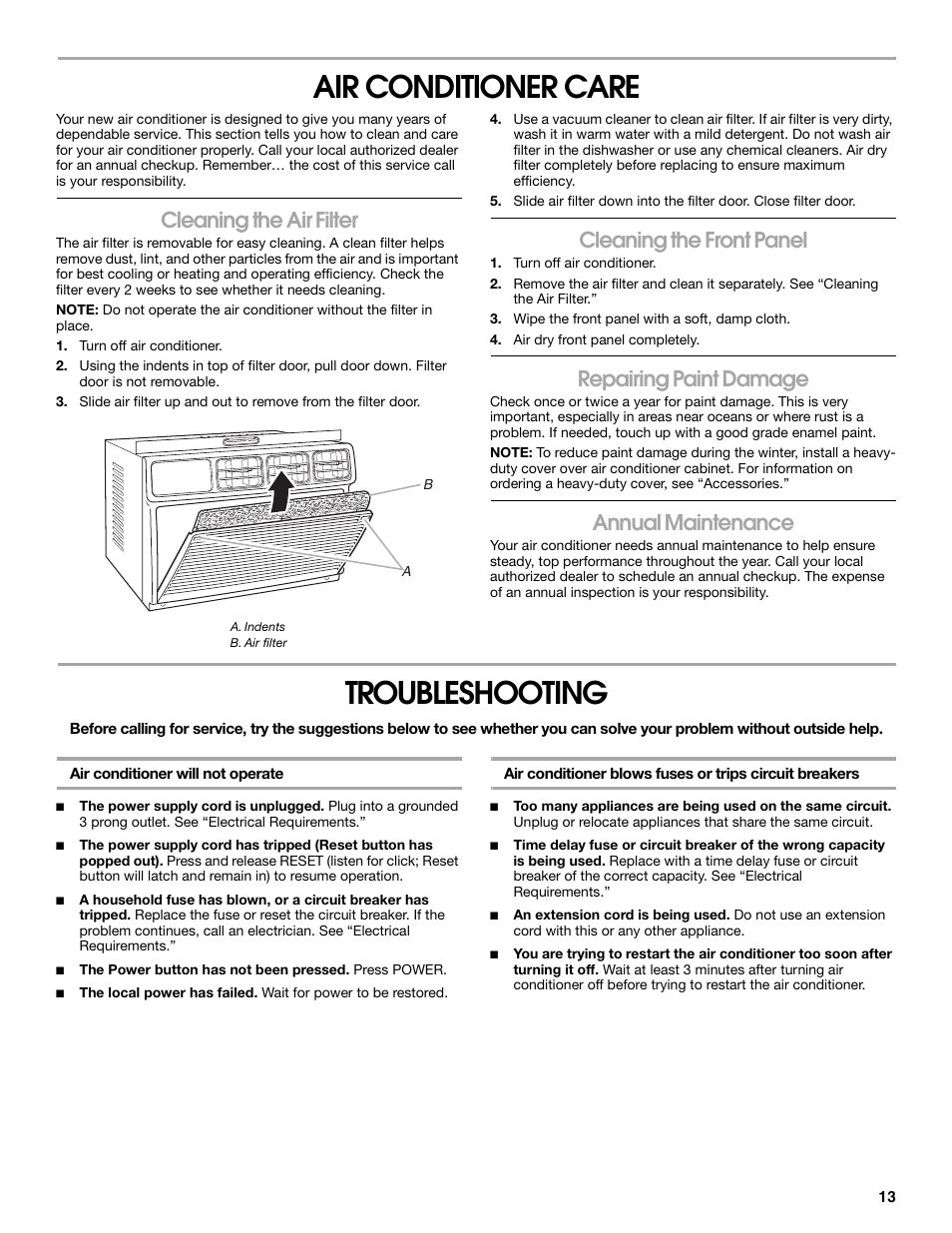 Air conditioner care, Troubleshooting, Cleaning the air filter | Cleaning the front panel, Repairing paint damage, Annual maintenance | Whirlpool ACC082XR0 User Manual | Page 13 / 32