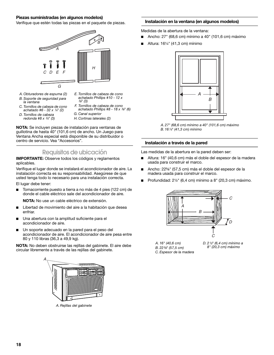 Requisitos de ubicación | Whirlpool ACC082XR0 User Manual | Page 18 / 32