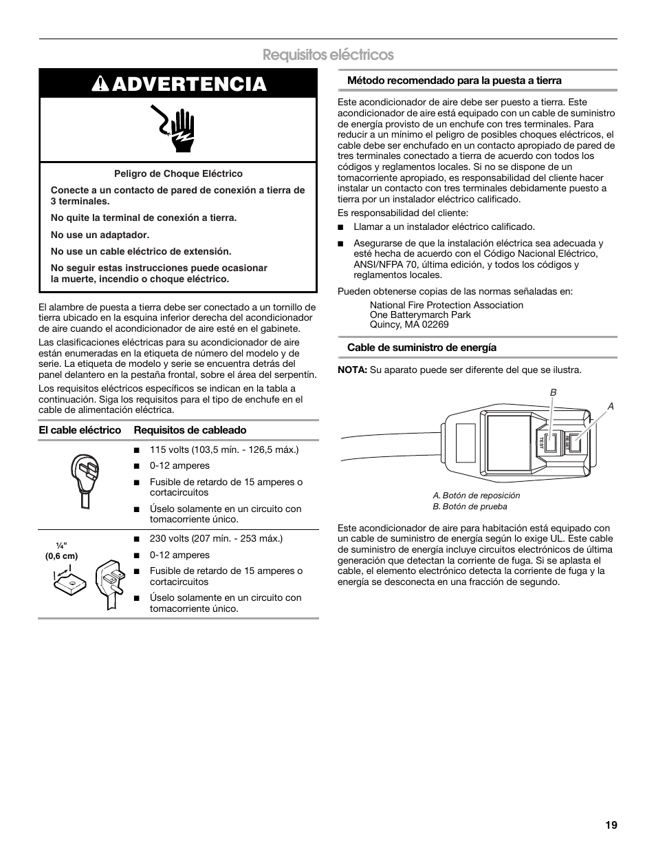 Advertencia, Requisitos eléctricos | Whirlpool ACC082XR0 User Manual | Page 19 / 32