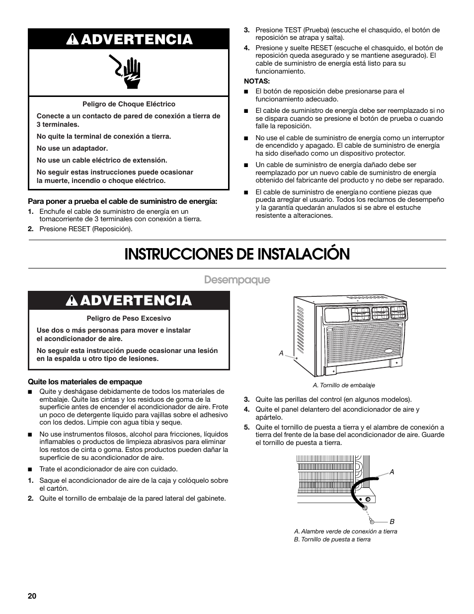 Instrucciones de instalación, Advertencia, Desempaque | Whirlpool ACC082XR0 User Manual | Page 20 / 32