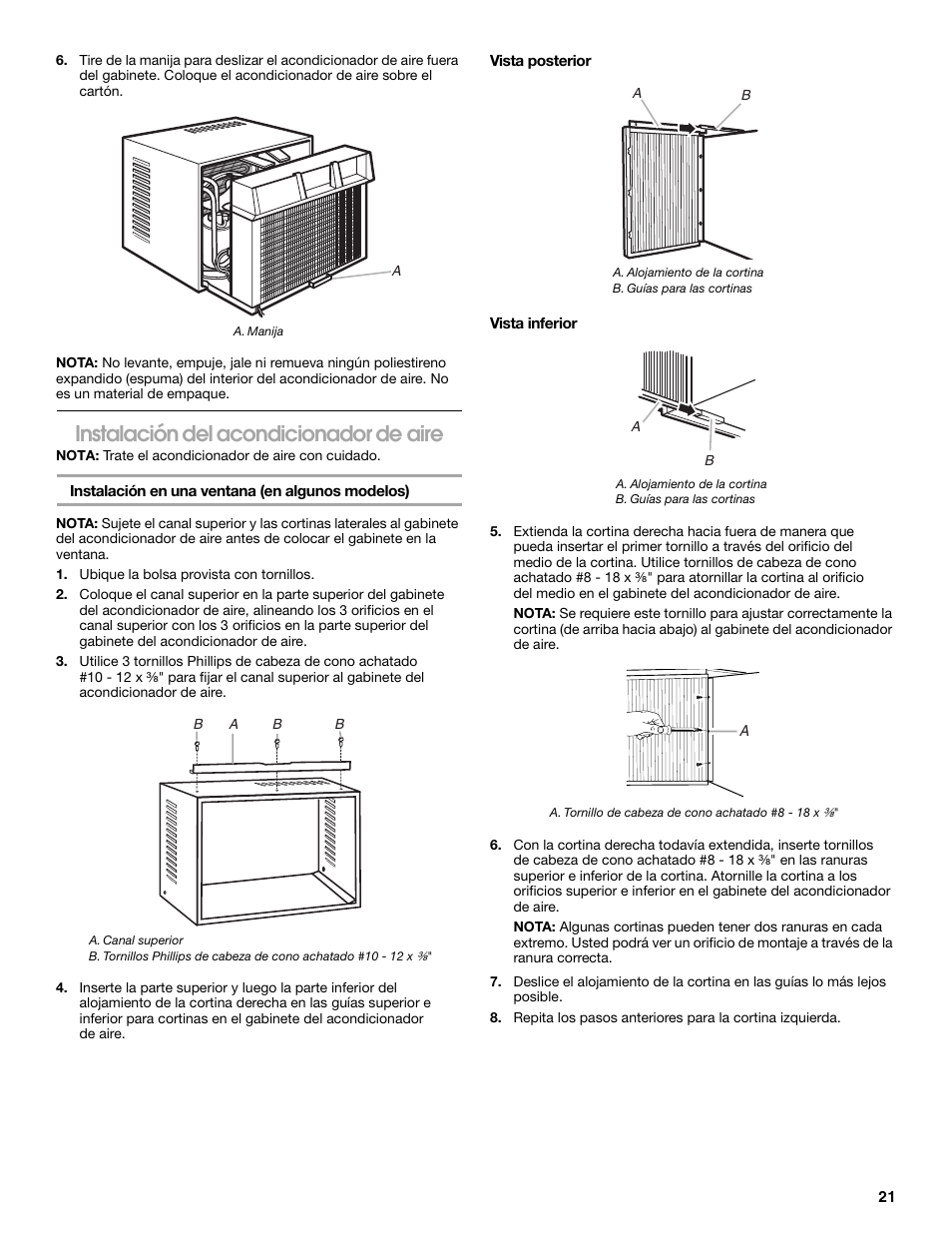 Instalación del acondicionador de aire | Whirlpool ACC082XR0 User Manual | Page 21 / 32