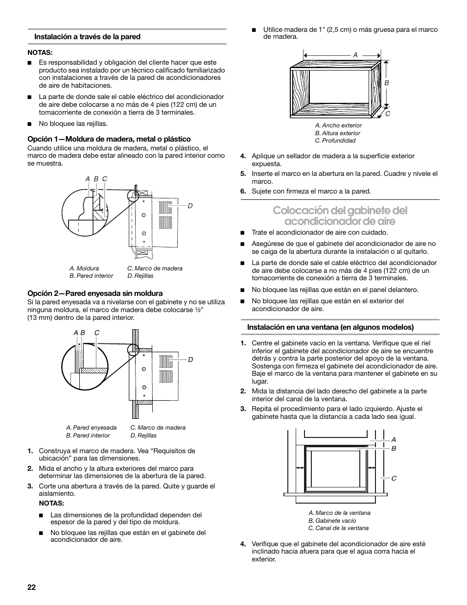 Colocación del gabinete del acondicionador de aire | Whirlpool ACC082XR0 User Manual | Page 22 / 32