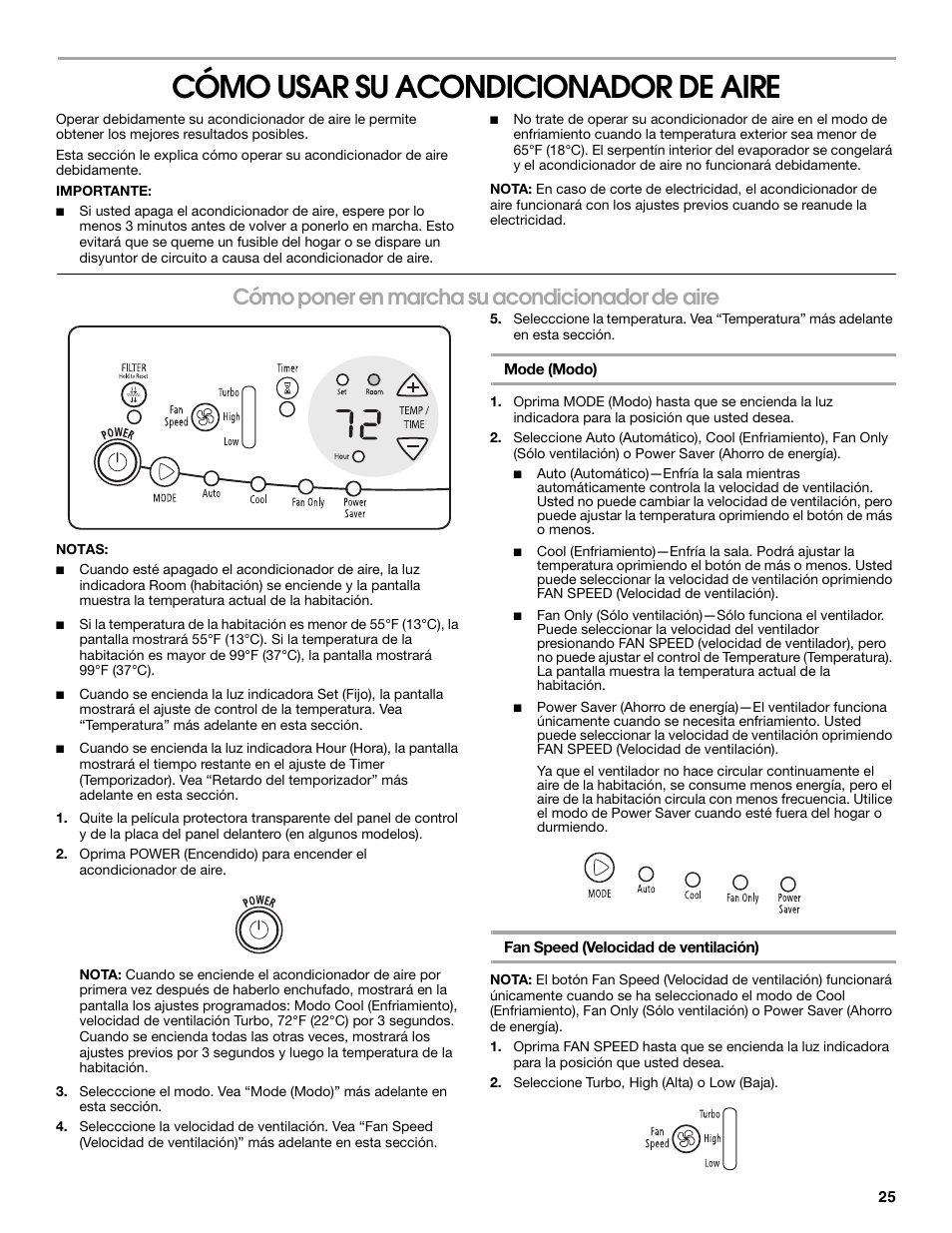 Cómo usar su acondicionador de aire, Cómo poner en marcha su acondicionador de aire | Whirlpool ACC082XR0 User Manual | Page 25 / 32