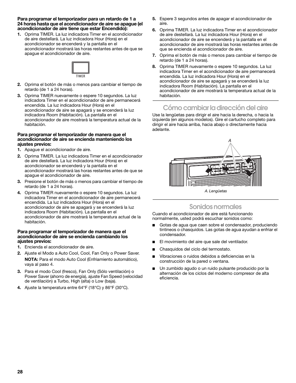 Cómo cambiar la dirección del aire, Sonidos normales | Whirlpool ACC082XR0 User Manual | Page 28 / 32