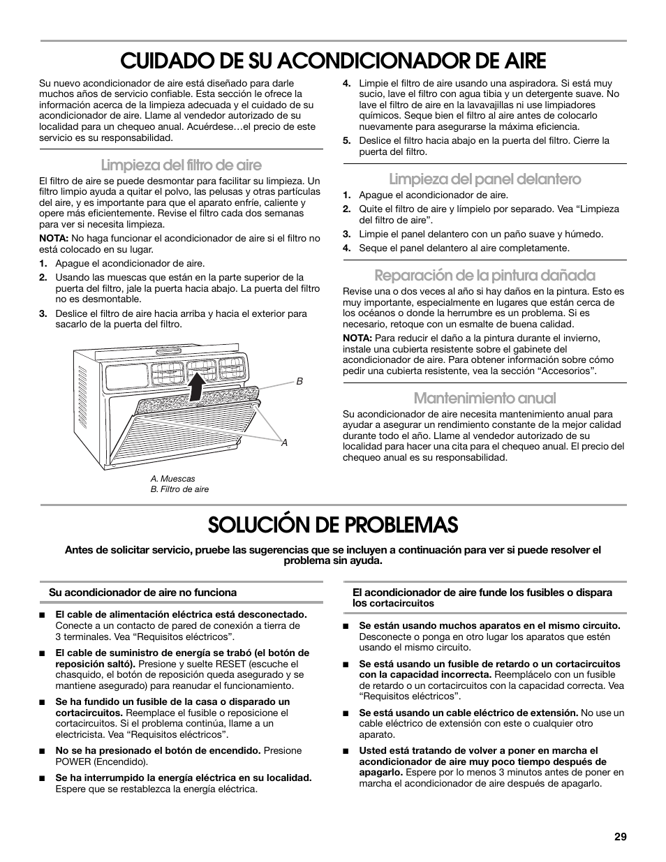 Cuidado de su acondicionador de aire, Solución de problemas, Limpieza del filtro de aire | Limpieza del panel delantero, Reparación de la pintura dañada, Mantenimiento anual | Whirlpool ACC082XR0 User Manual | Page 29 / 32