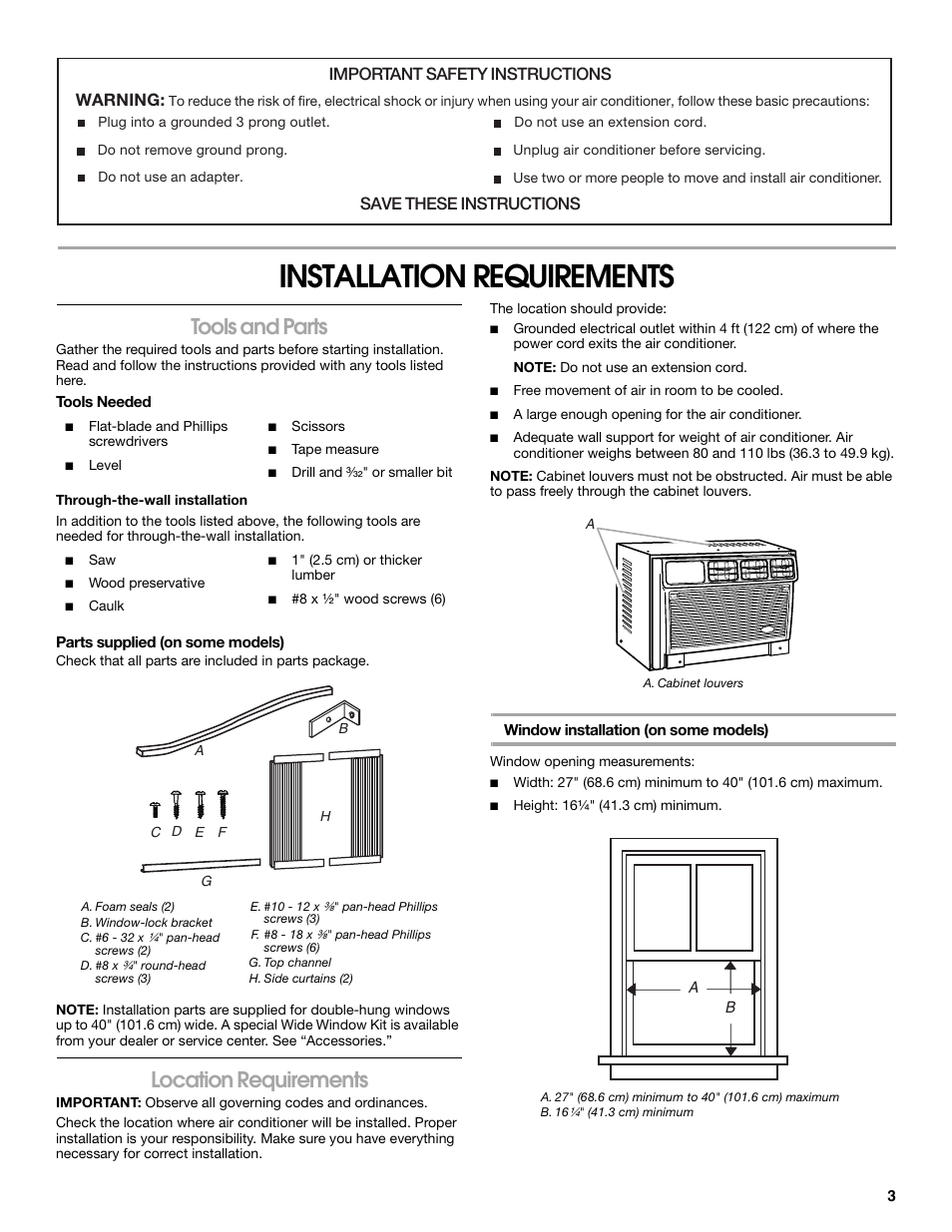 Installation requirements, Tools and parts, Location requirements | Important safety instructions warning, Save these instructions | Whirlpool ACC082XR0 User Manual | Page 3 / 32