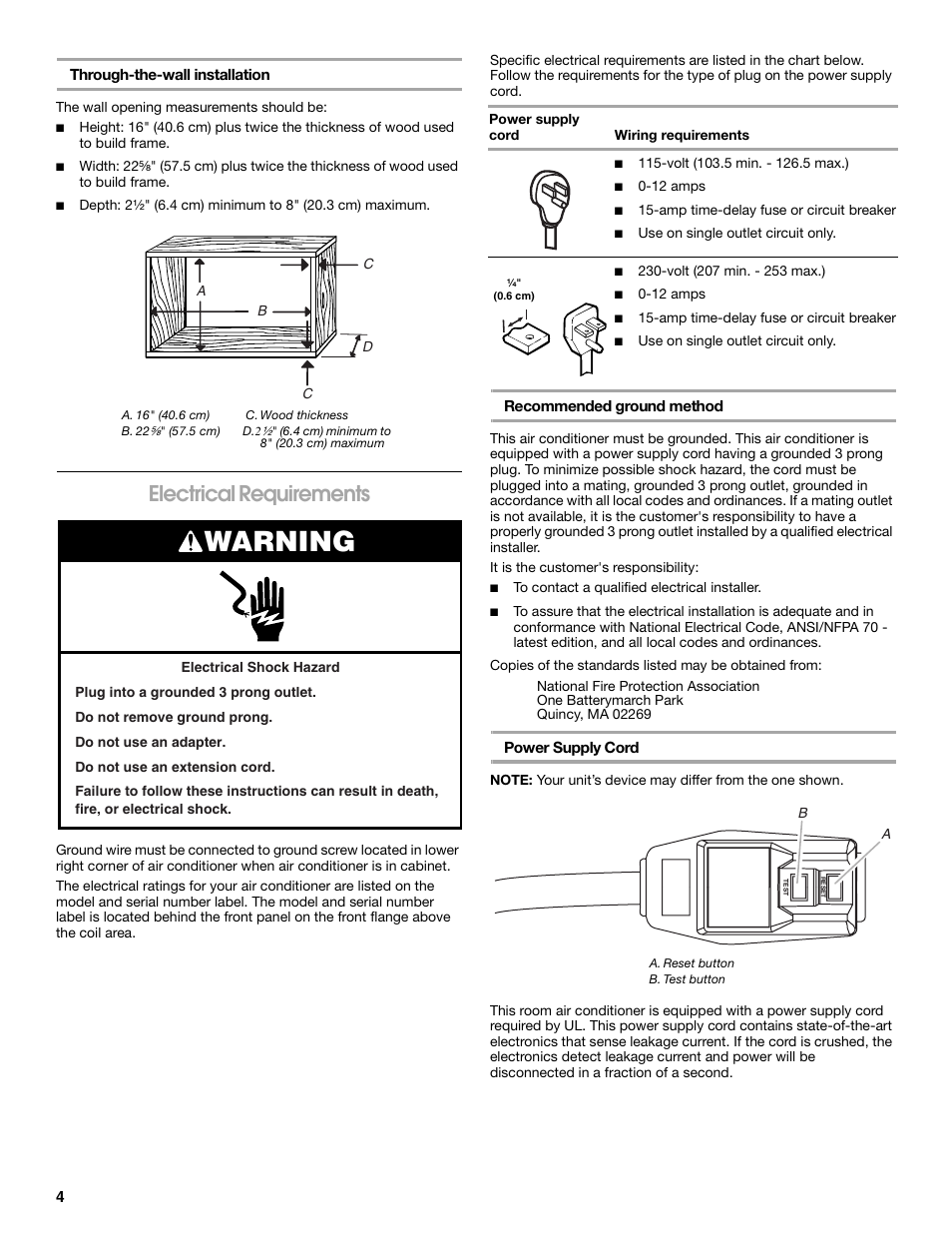 Warning, Electrical requirements | Whirlpool ACC082XR0 User Manual | Page 4 / 32