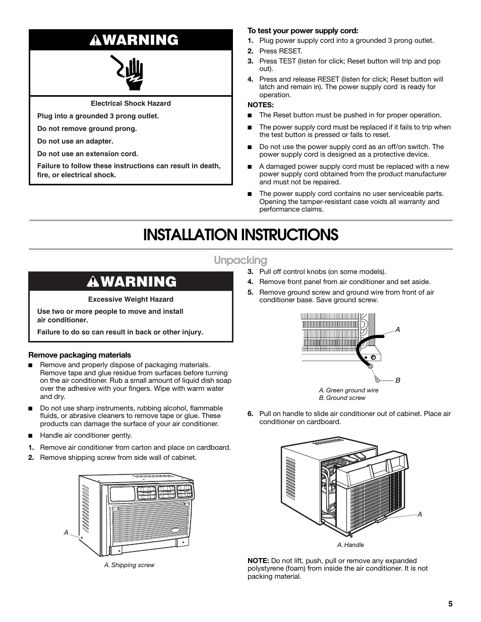 Installation instructions, Warning, Unpacking | Whirlpool ACC082XR0 User Manual | Page 5 / 32